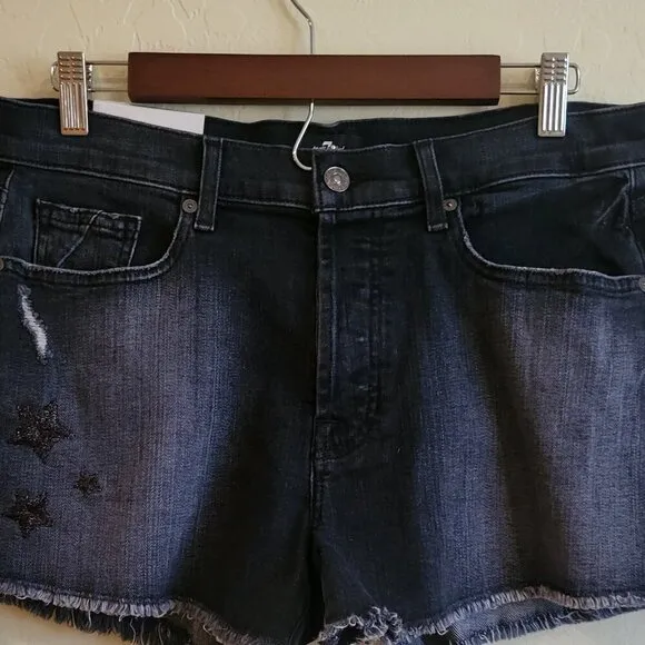 7 For All Mankind Monroe Cut Off Denim Shorts Eclipse Black Star 29 NWT
