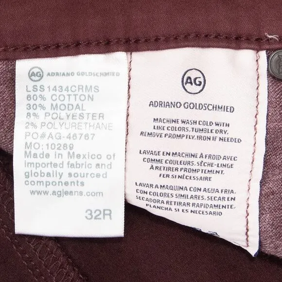 AG Adriano Goldschmied Maroon The Prima Cigarette Leg Jeans Size 32