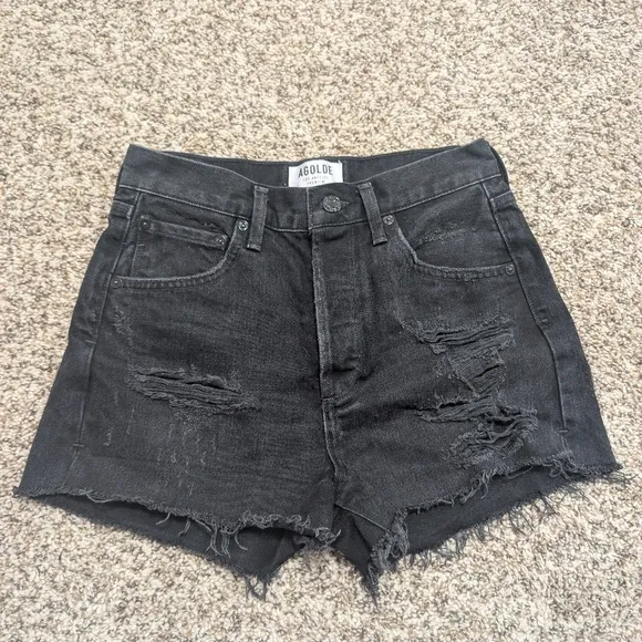 AGOLDE Black Denim Jaden High Rise Cut Off Shorts