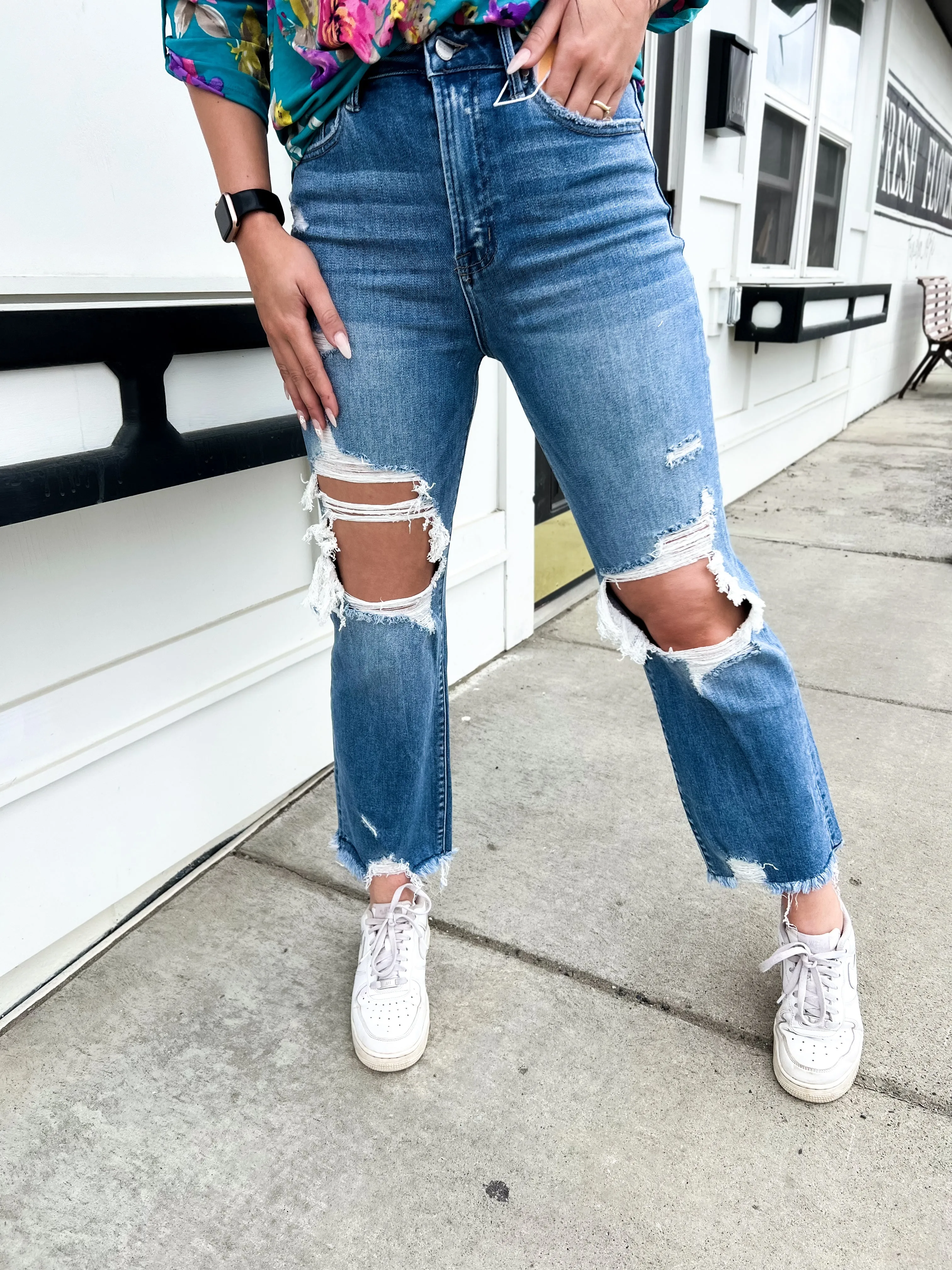 Ally High Rise Destroyed Straight Denim