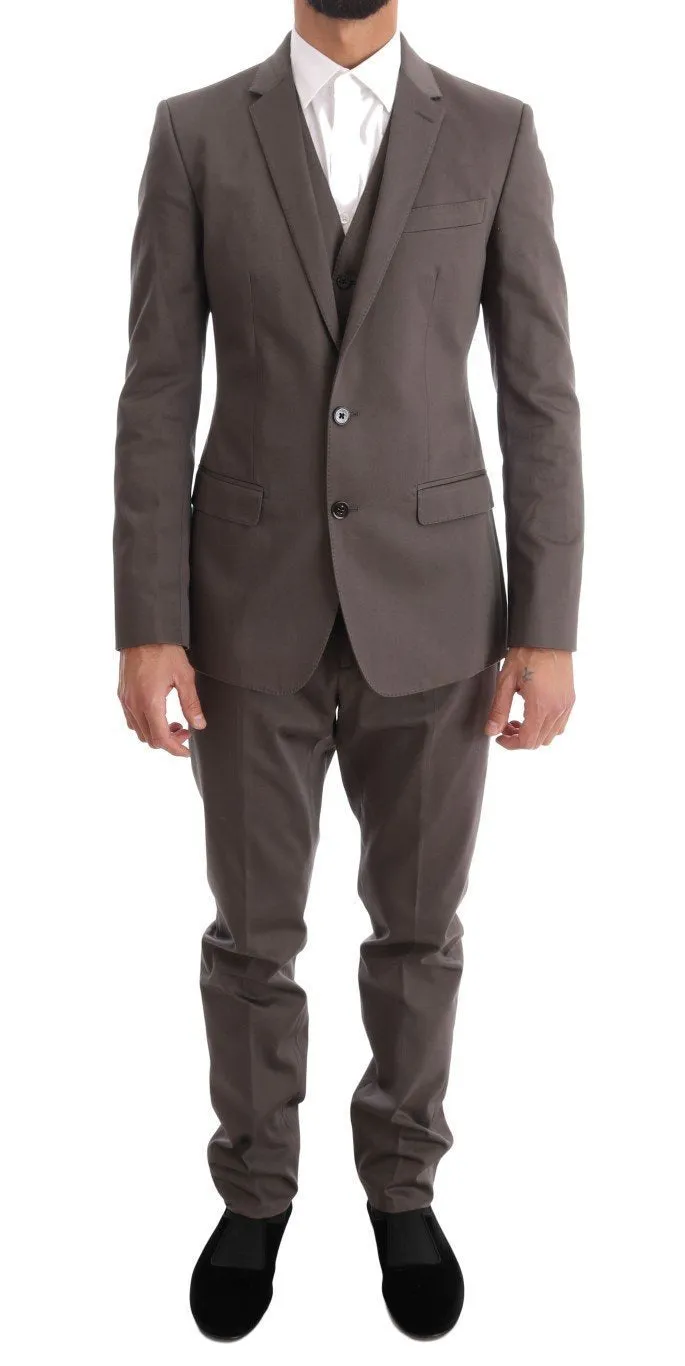Beige Cotton Slim Fit Two Button Suit