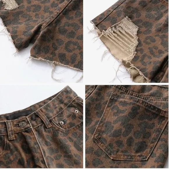 Bijou Lin Distressed Animal Print Denim Shorts Size Small