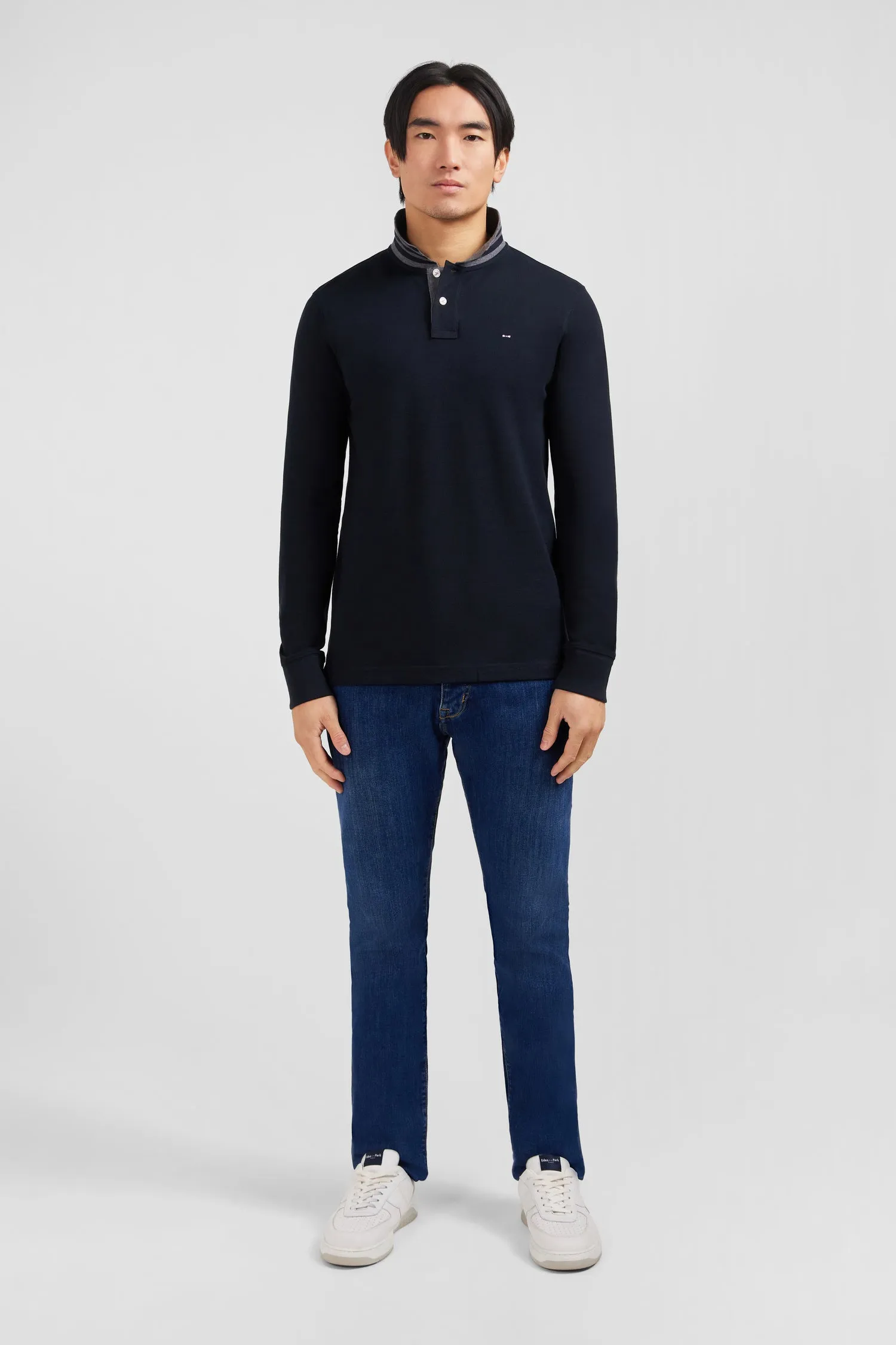 Black cotton polo with contrasting neck