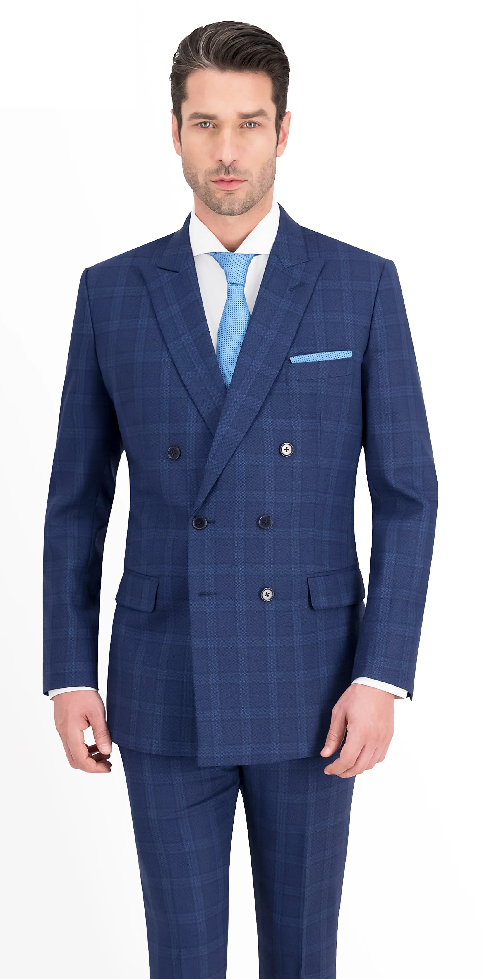 Blue Birdseye Check Windowpane Regular Double Breast Suit