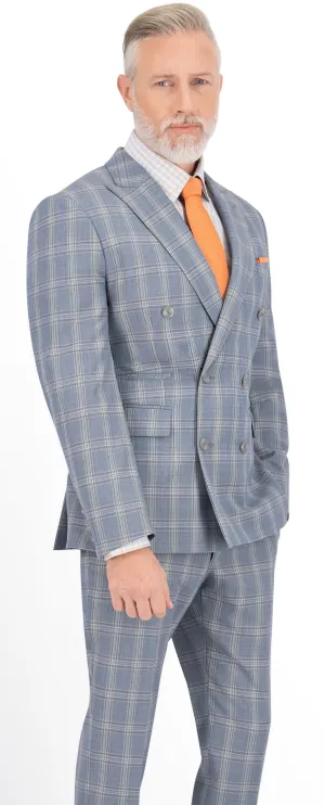 Blue Grey with Tan & Brown Check Short Double Breast Suit