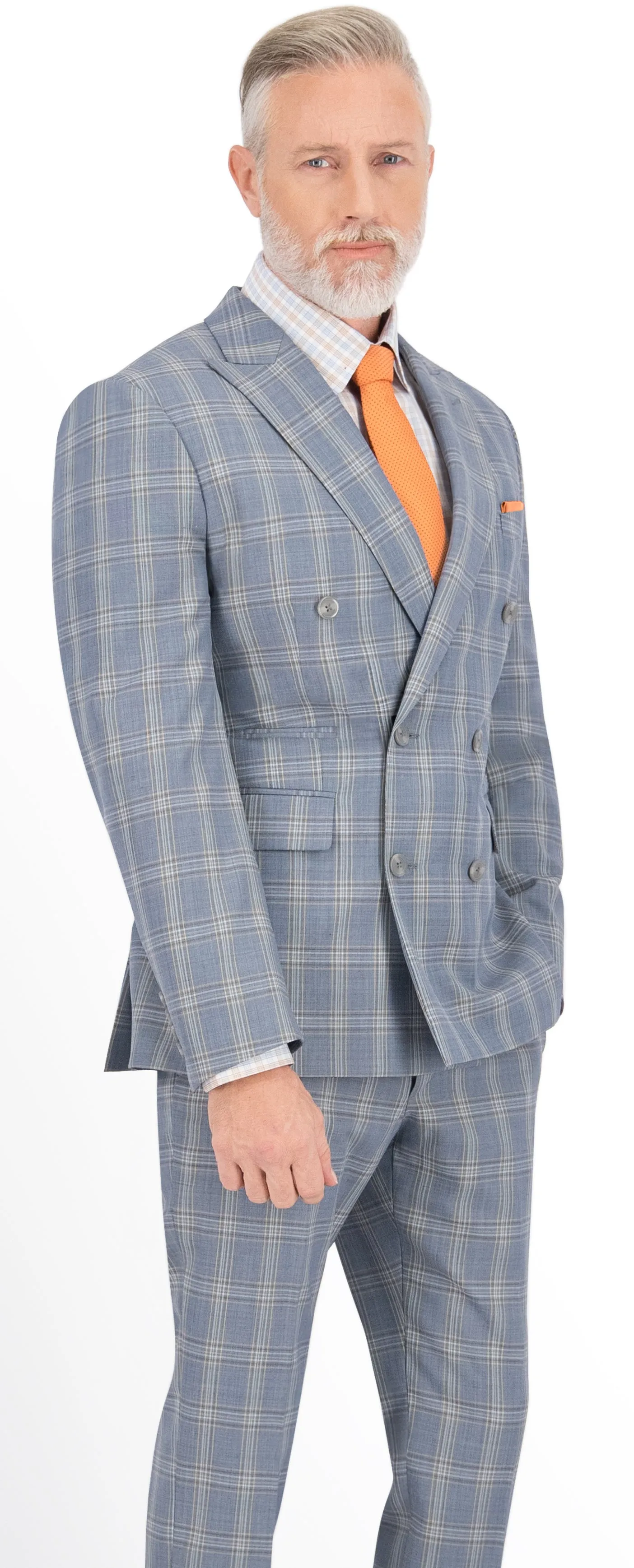 Blue Grey with Tan & Brown Check Short Double Breast Suit