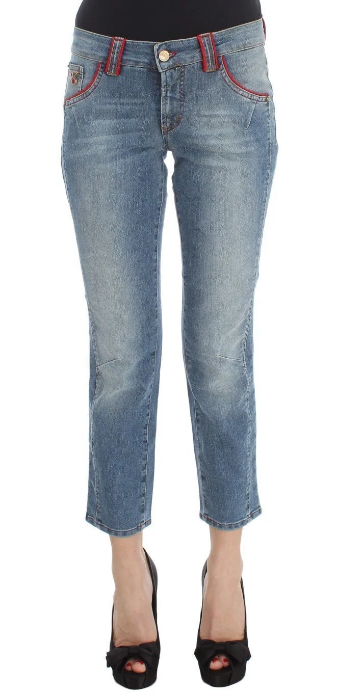 Blue Wash Cotton Blend Slim Fit Cropped Jeans