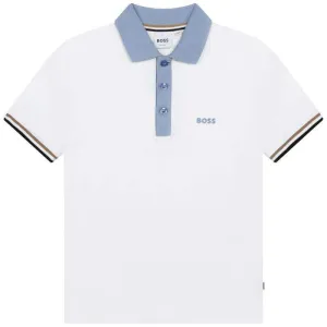 Boys White Striped Short Sleeve Polo Shirt
