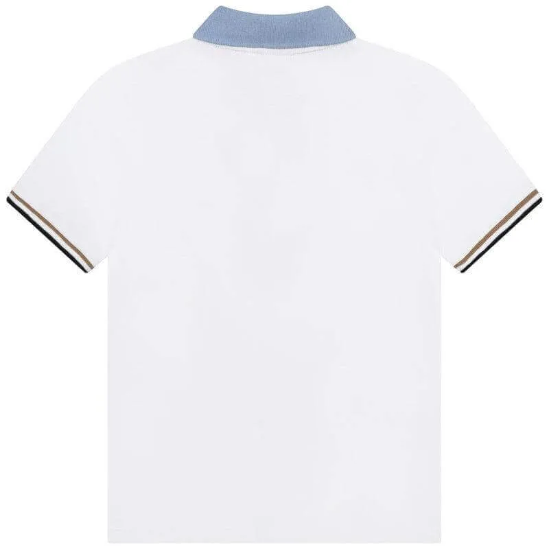 Boys White Striped Short Sleeve Polo Shirt