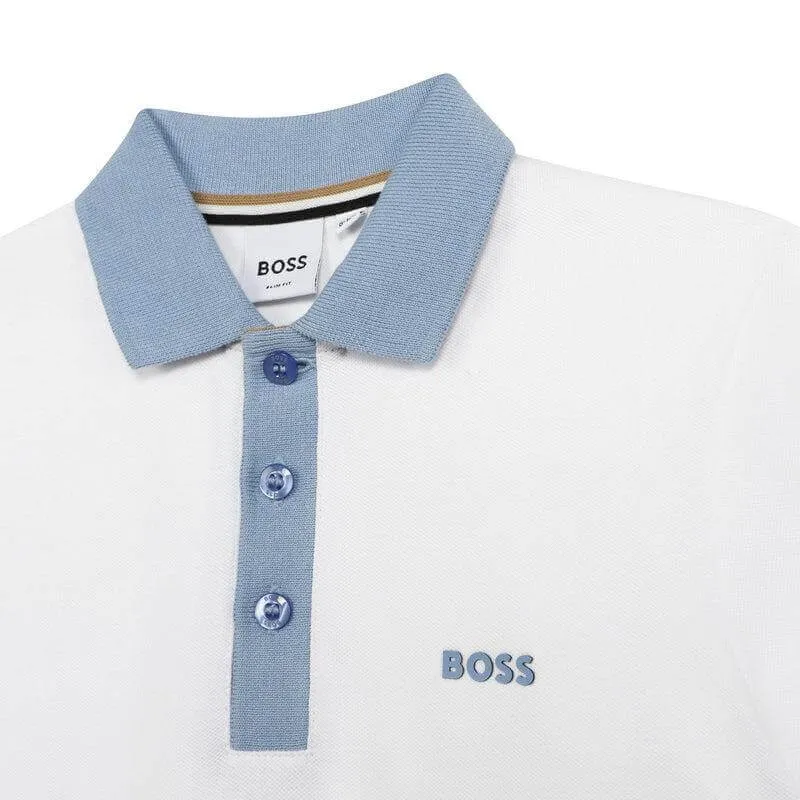 Boys White Striped Short Sleeve Polo Shirt
