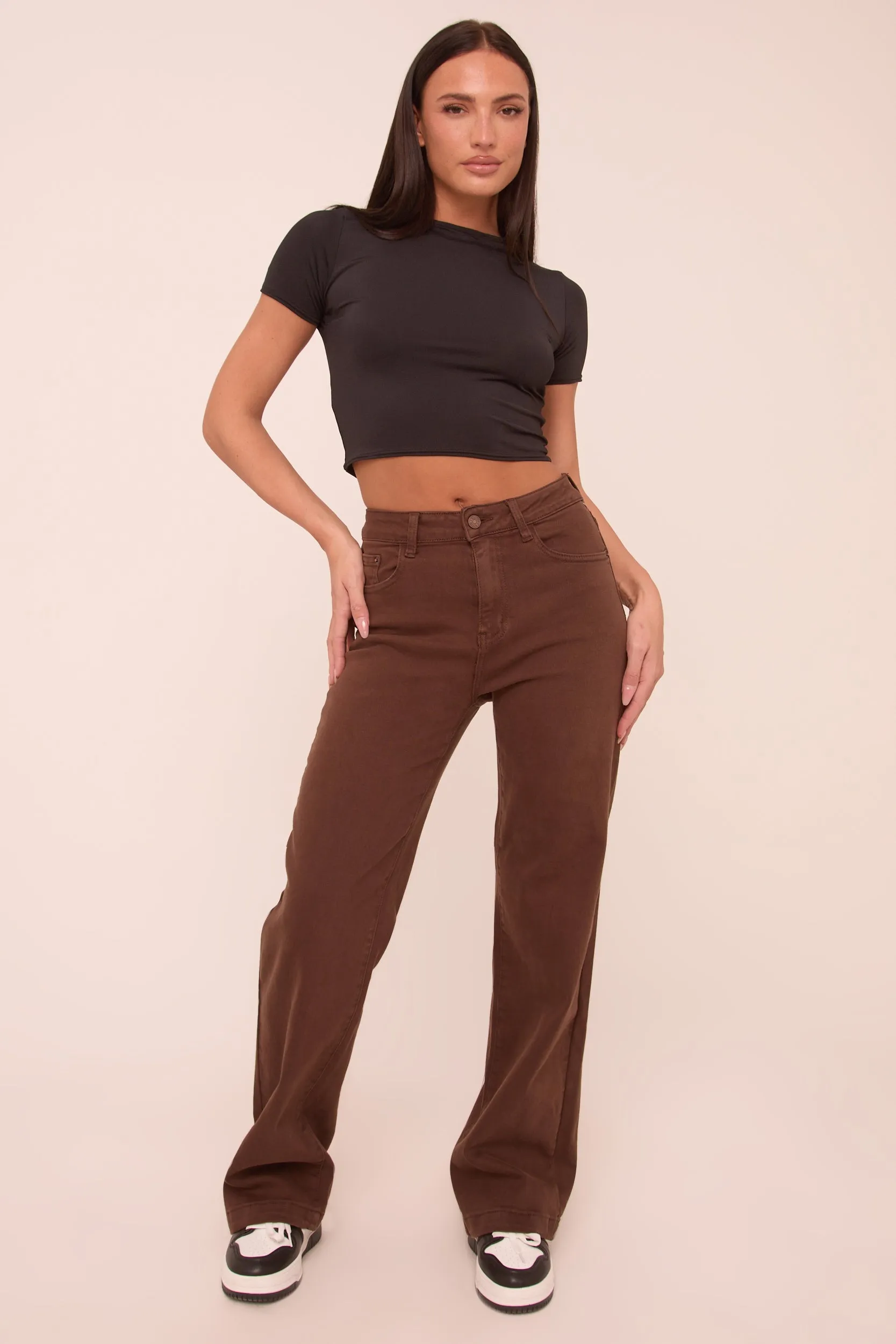Brown Stretch Mid Waist Straight Leg Denim Jeans - Misha