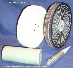 BUFFING WHEELS 8" ( 200mm ) 2pc kit -SOFT & MEDIUM WITH ARBOR & POLISH - NEW