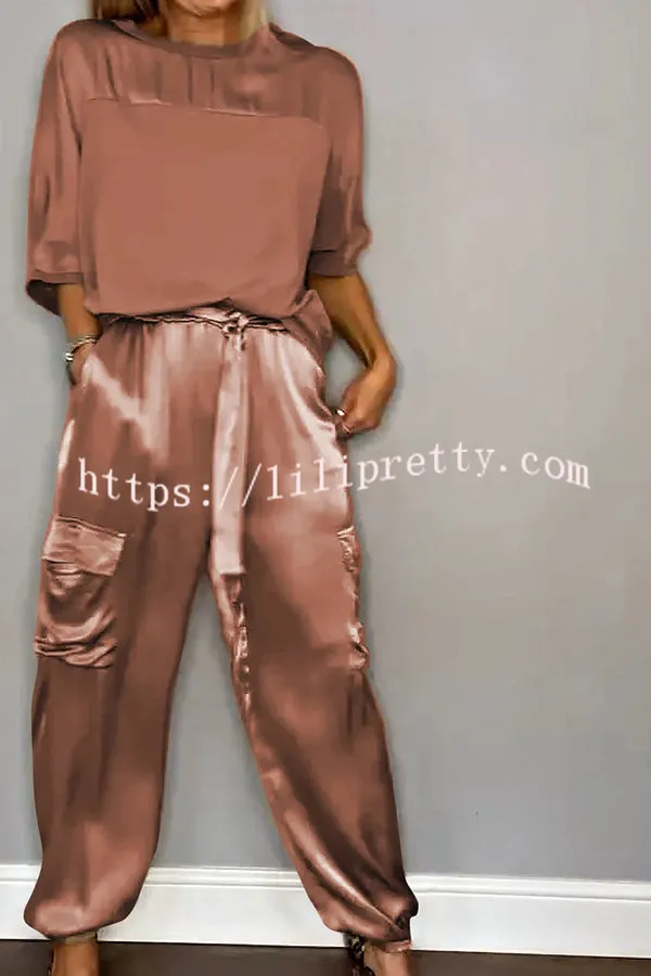Calissa Smooth Satin Half-sleeved Top and Elastic Waist Pocket Pants Set