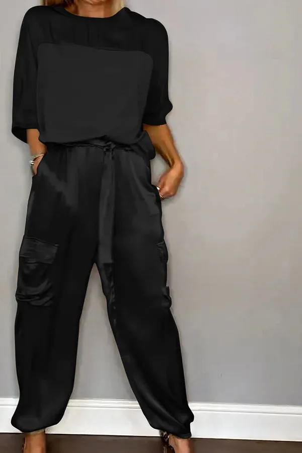 Calissa Smooth Satin Half-sleeved Top and Elastic Waist Pocket Pants Set