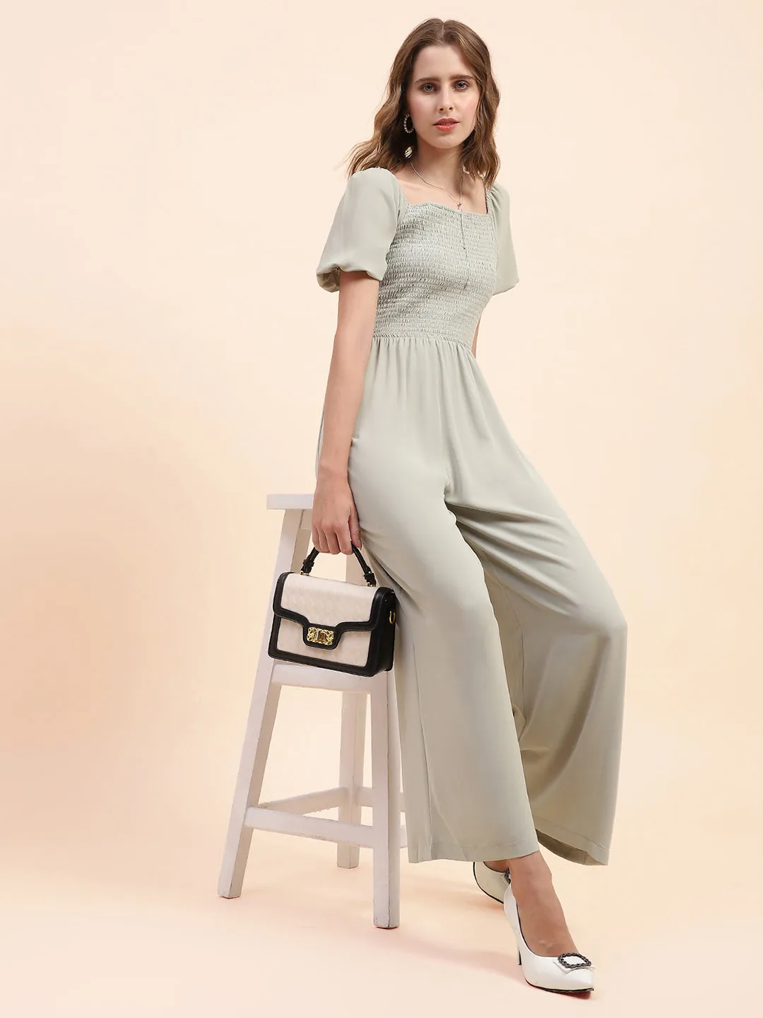 Camla Barcelona Puff Sleeve Glacier Green Smocked Jumpsuit