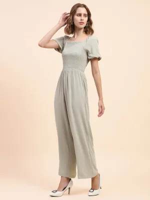 Camla Barcelona Puff Sleeve Glacier Green Smocked Jumpsuit