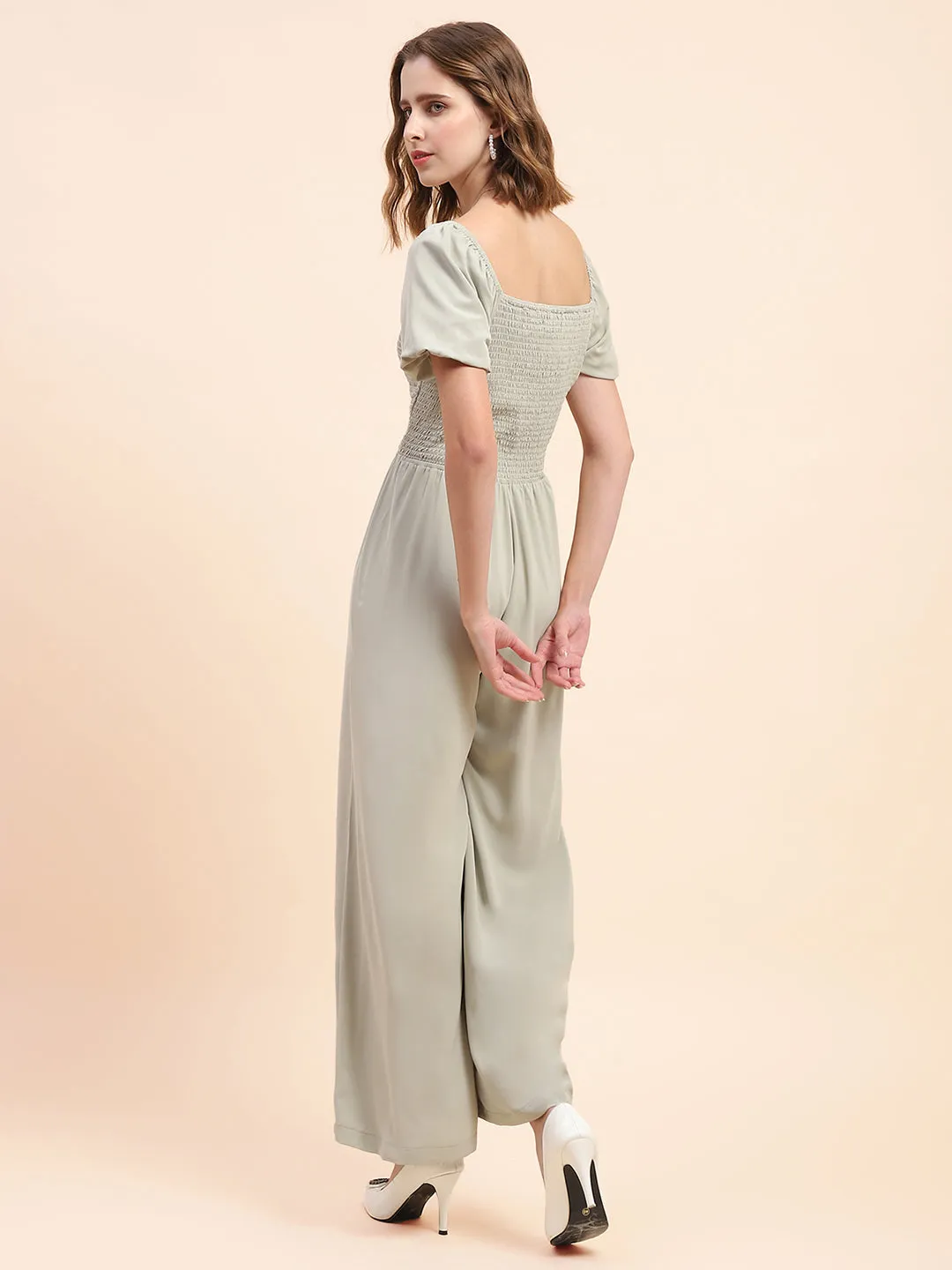 Camla Barcelona Puff Sleeve Glacier Green Smocked Jumpsuit