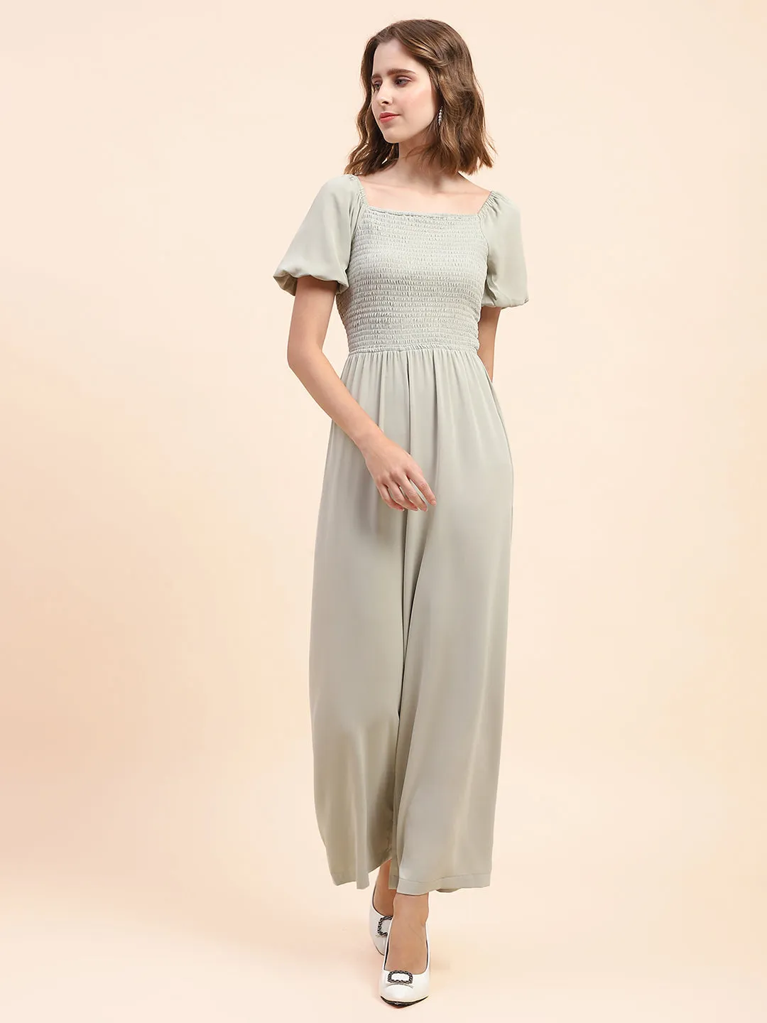 Camla Barcelona Puff Sleeve Glacier Green Smocked Jumpsuit
