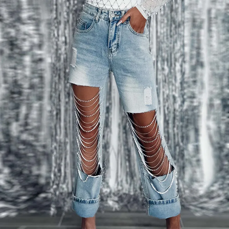 Chain Decoration Cut Out Straight Leg Jeans