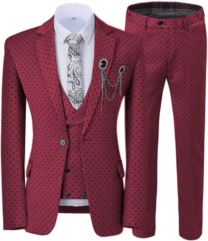 Chic Burgundy Notched Lapel Slim Fit Three Pieces Prom Suits With Black Dot