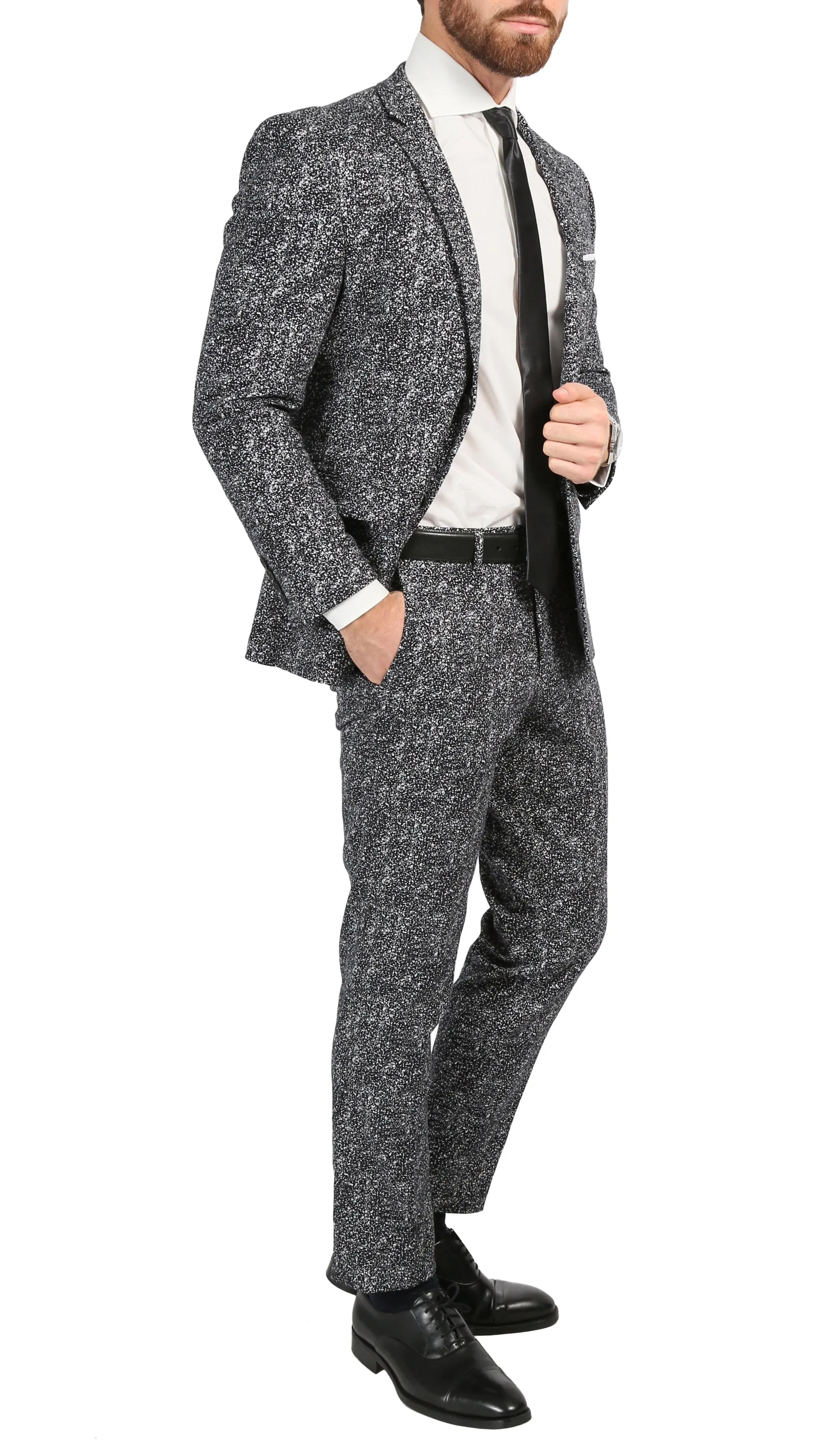 Chicago Slim Fit Black & White Spotted Notch Lapel Suit