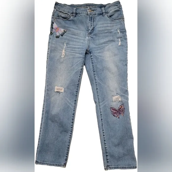 Chico's So Slimming Painted Butterfly Girlfriend Crop Ankle Jeans, 0.5(S/6) -EUC