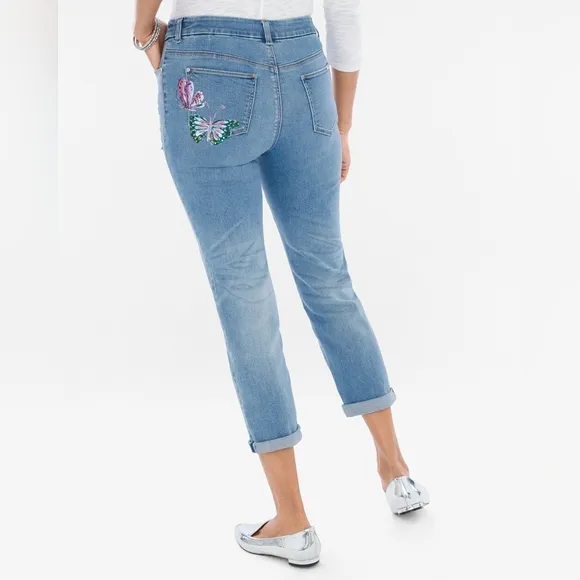 Chico's So Slimming Painted Butterfly Girlfriend Crop Ankle Jeans, 0.5(S/6) -EUC