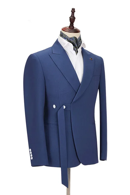 Classy Dark Blue Peaked Lapel Slim Fit Men Suits for Business