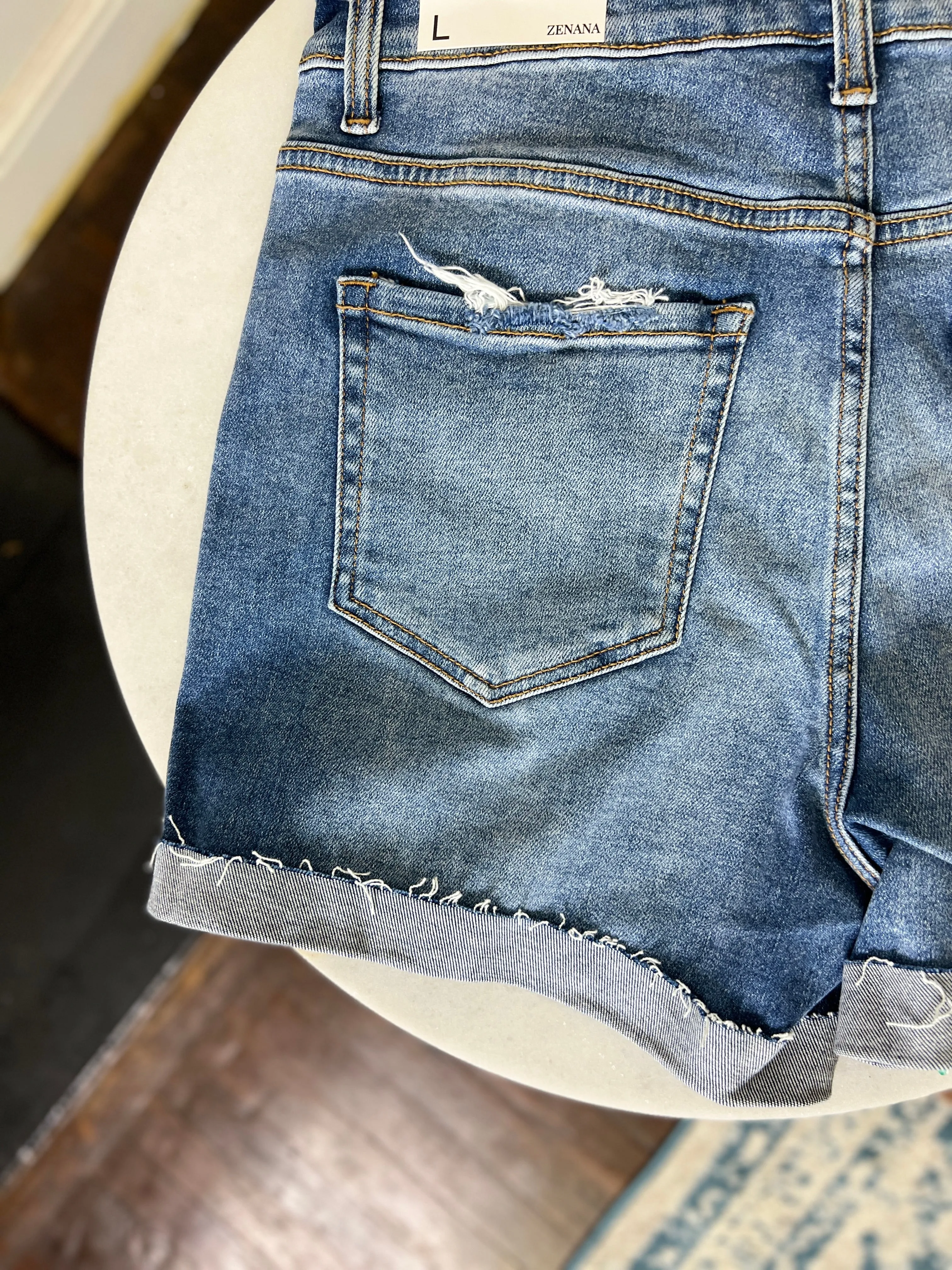 Cuffed Denim Shorts-Medium wash