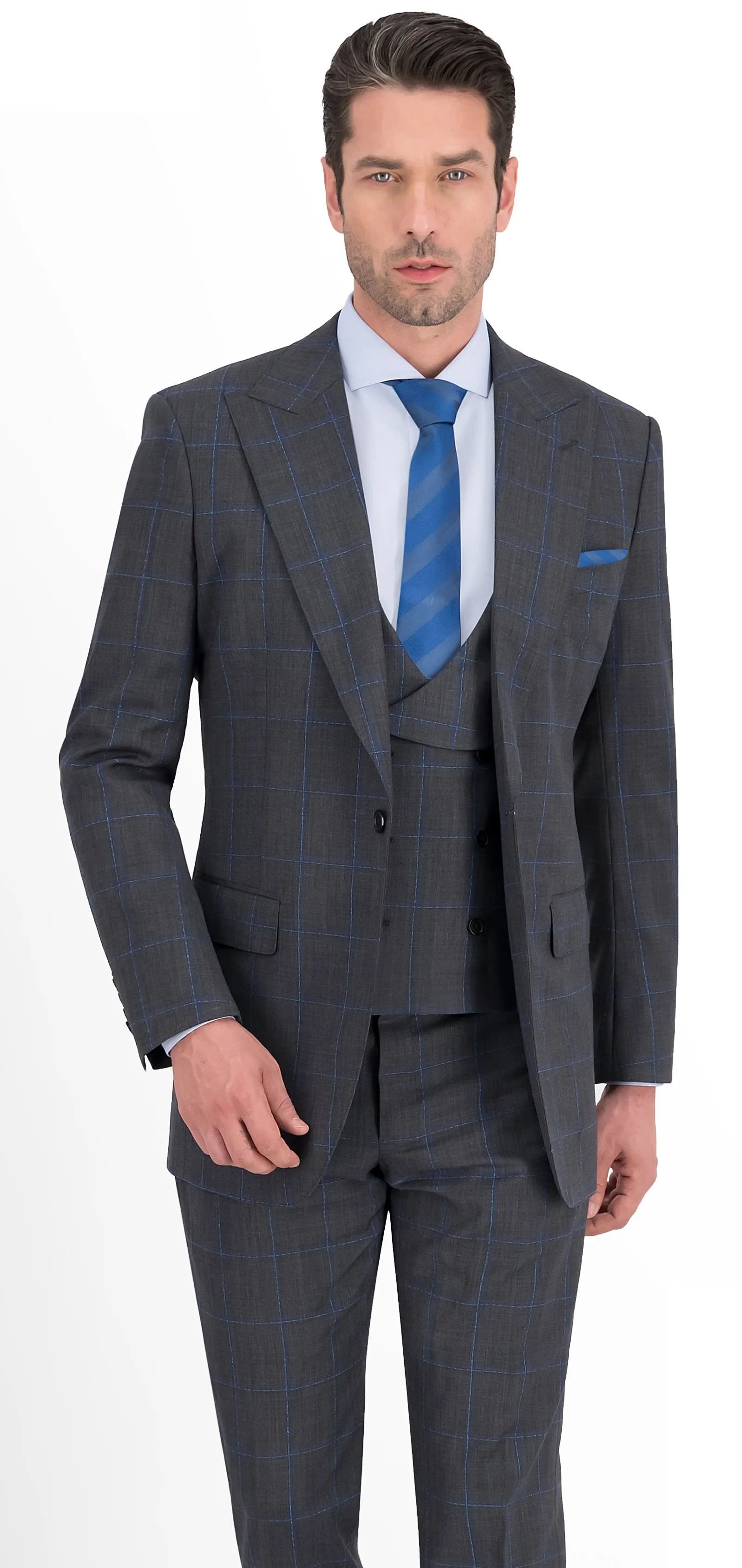 Dark Grey with Blue Slub Check Windowpane Regular Suit