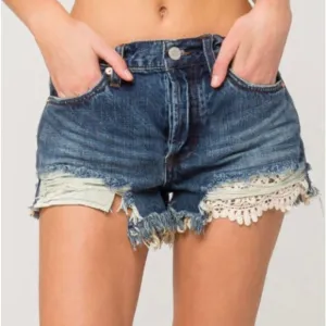 Denim cut-off distressed frayed shorts Daisy Chain lace inset 29 New OB585971