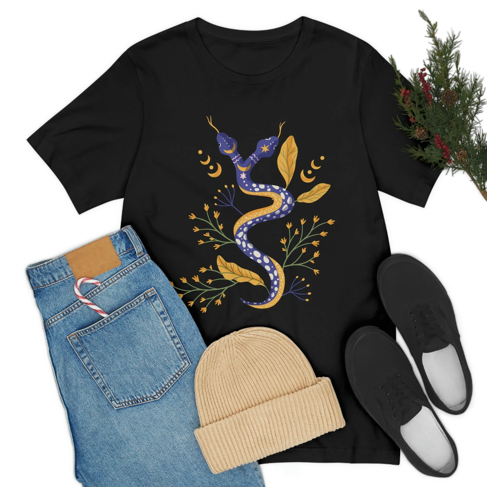 Double-Headed Snake, Moon Phases, Flowers, Black T-Shirt, Unisex Jersey Short Sleeve Tee