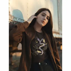 Double-Headed Snake, Moon Phases, Flowers, Black T-Shirt, Unisex Jersey Short Sleeve Tee