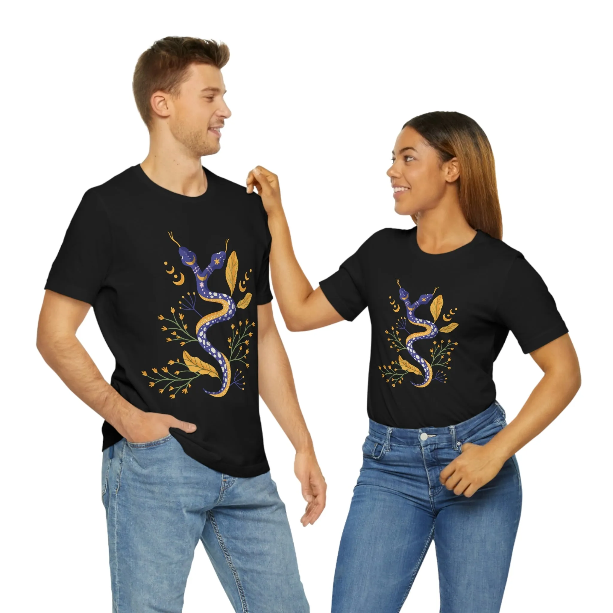 Double-Headed Snake, Moon Phases, Flowers, Black T-Shirt, Unisex Jersey Short Sleeve Tee