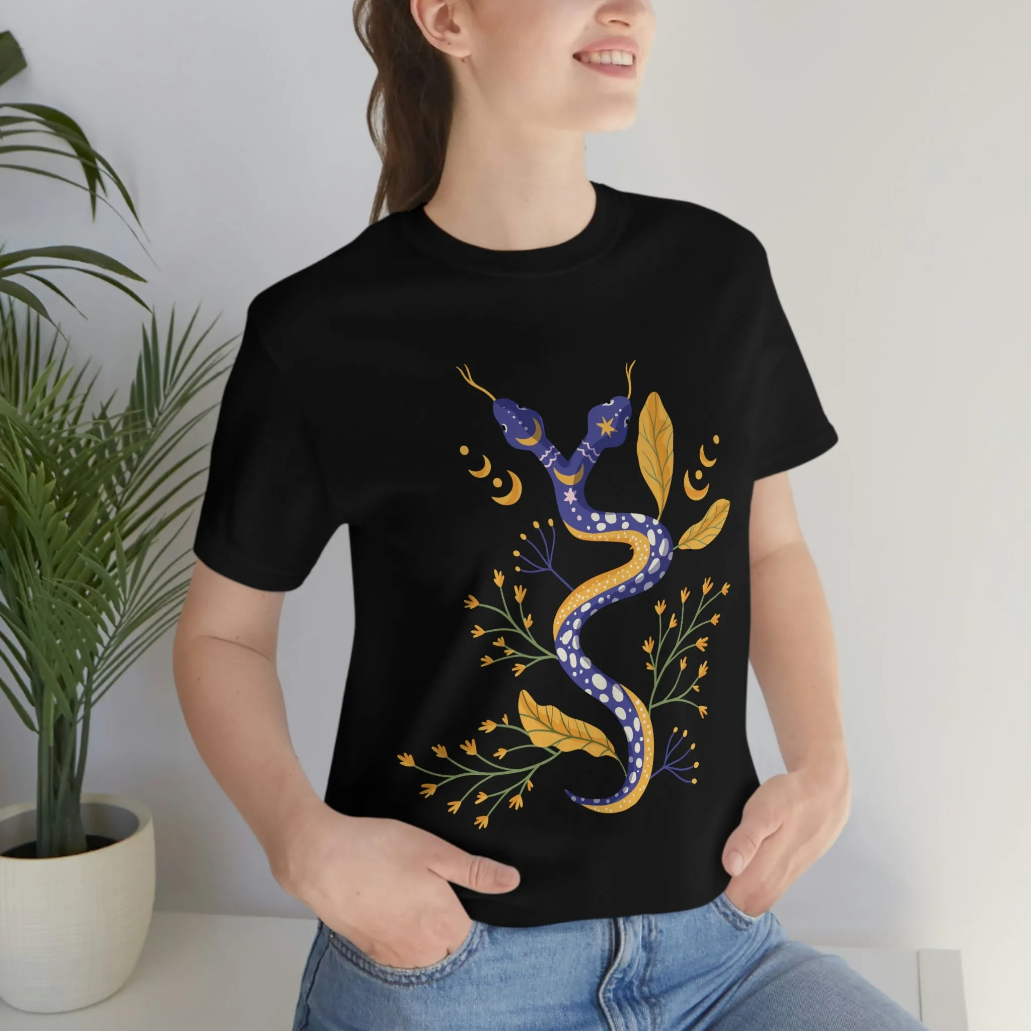 Double-Headed Snake, Moon Phases, Flowers, Black T-Shirt, Unisex Jersey Short Sleeve Tee