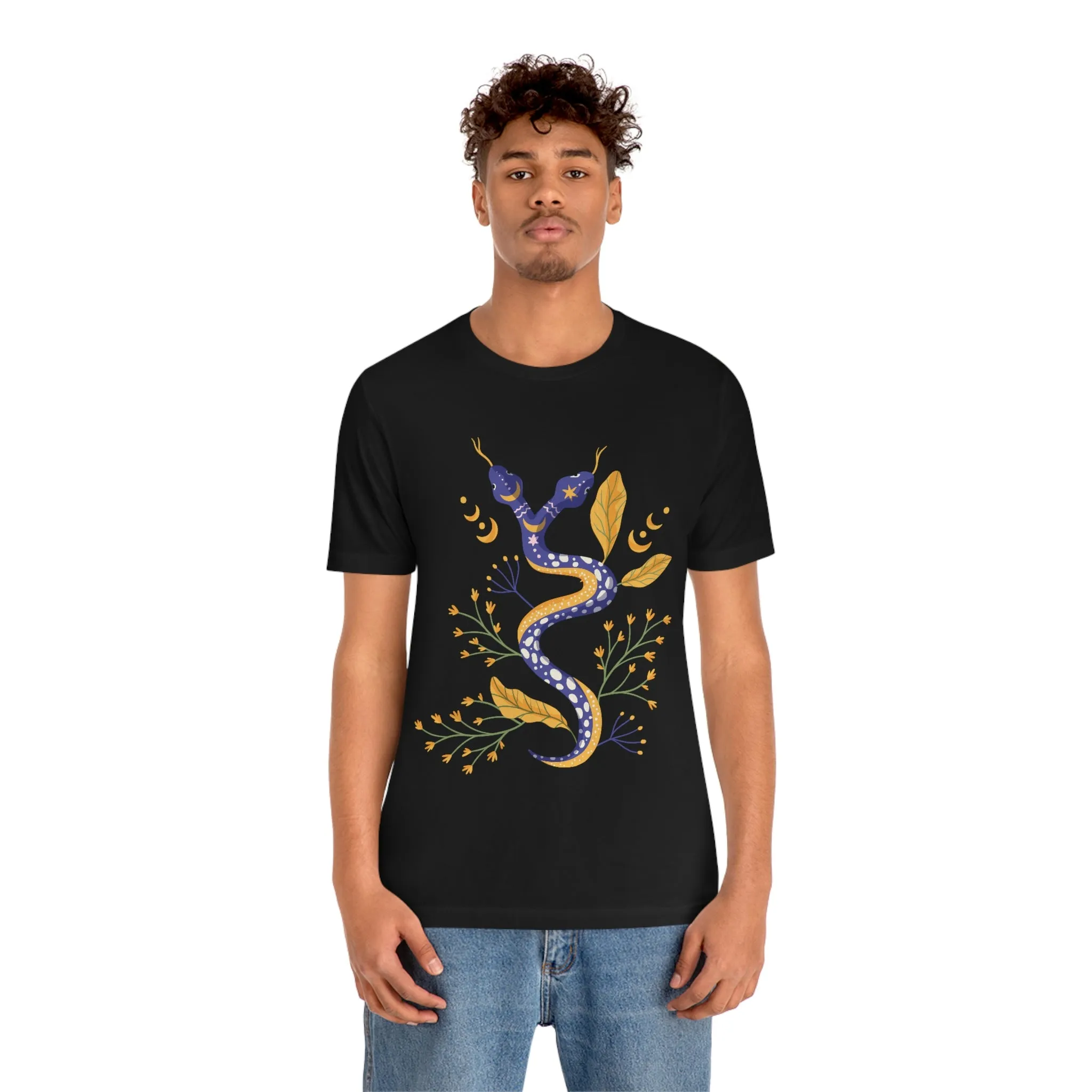 Double-Headed Snake, Moon Phases, Flowers, Black T-Shirt, Unisex Jersey Short Sleeve Tee