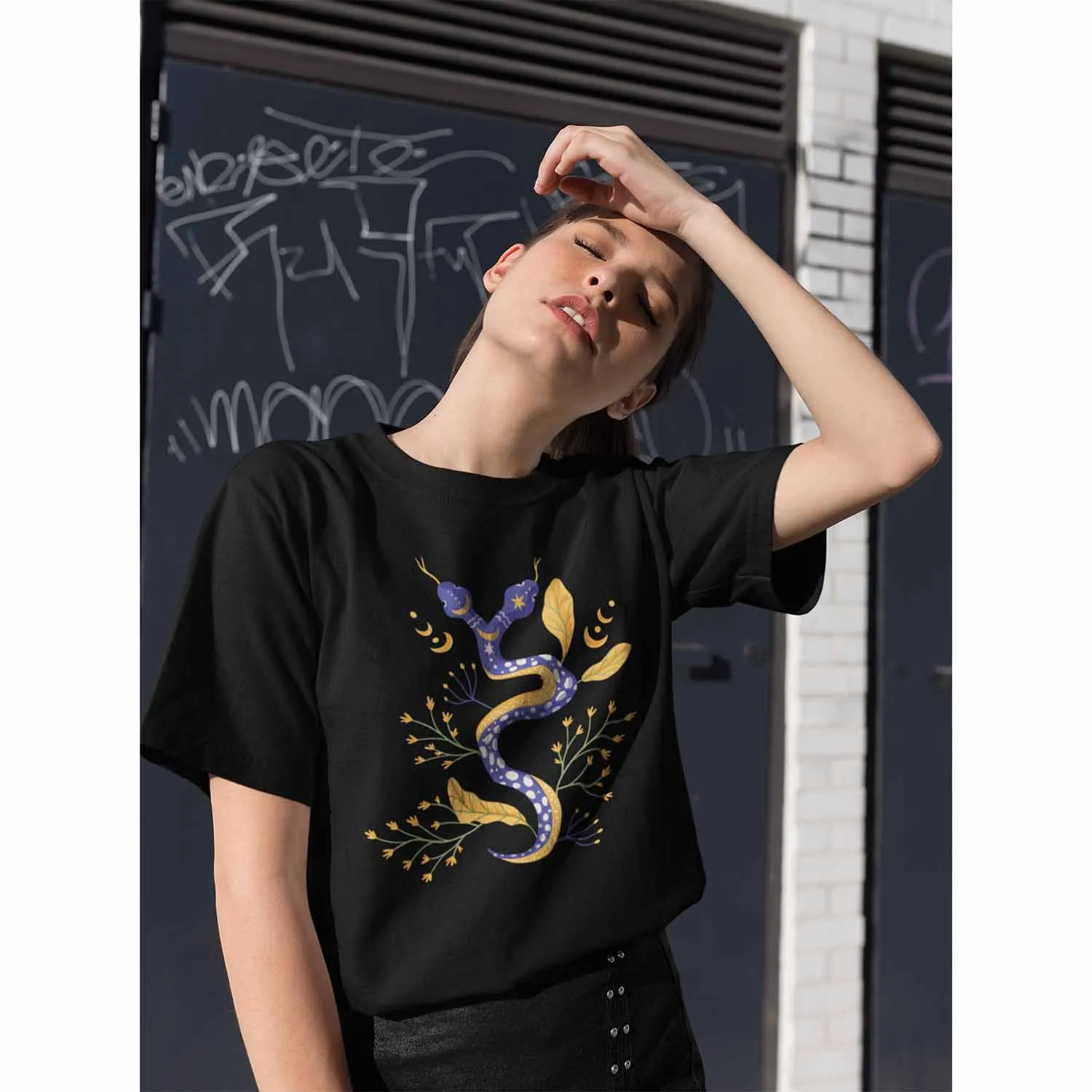 Double-Headed Snake, Moon Phases, Flowers, Black T-Shirt, Unisex Jersey Short Sleeve Tee