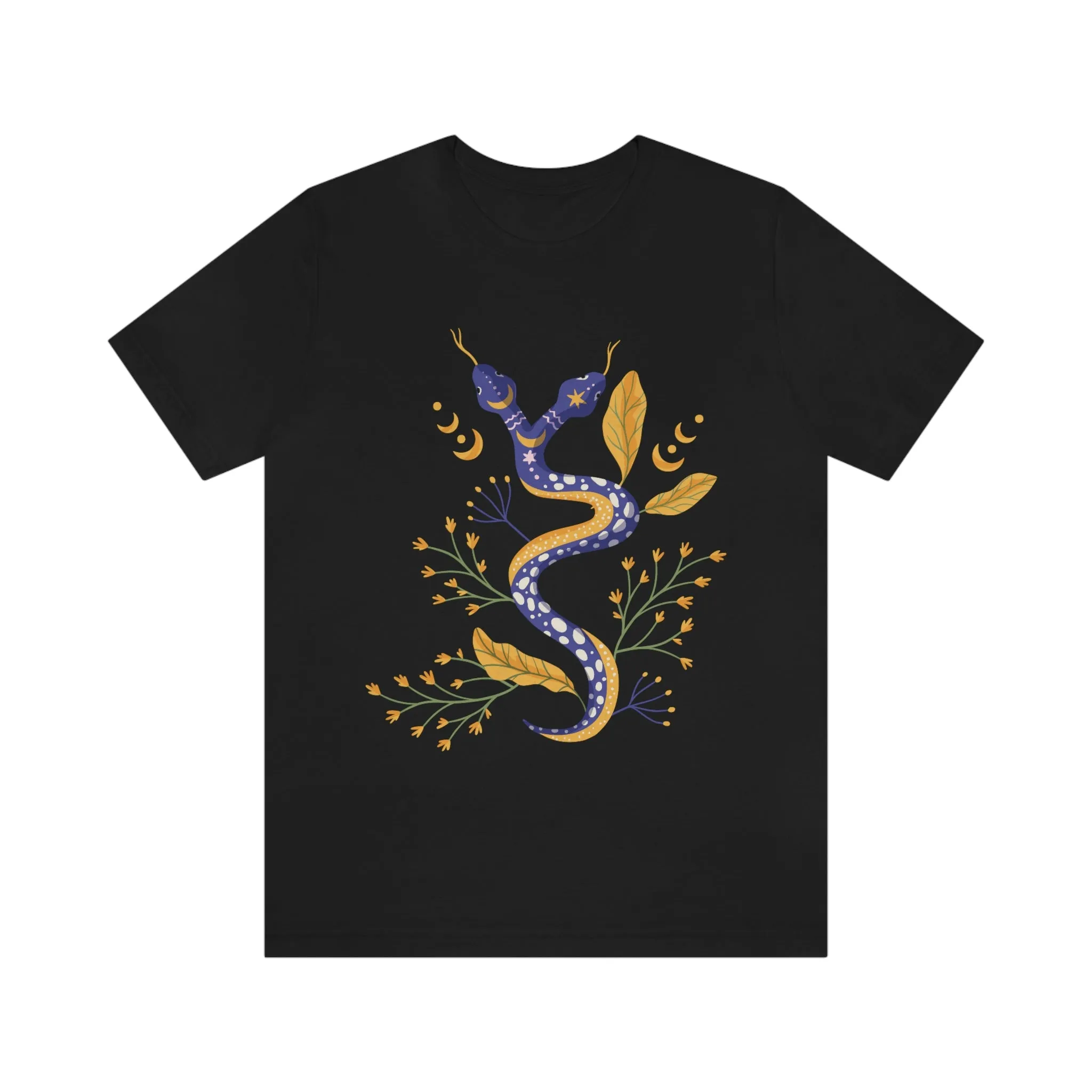 Double-Headed Snake, Moon Phases, Flowers, Black T-Shirt, Unisex Jersey Short Sleeve Tee