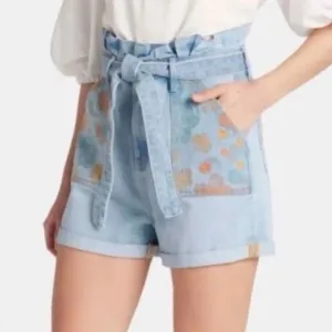 Driftwood Paperbag High Rise embroidered pocket tie waist jean shorts size 30