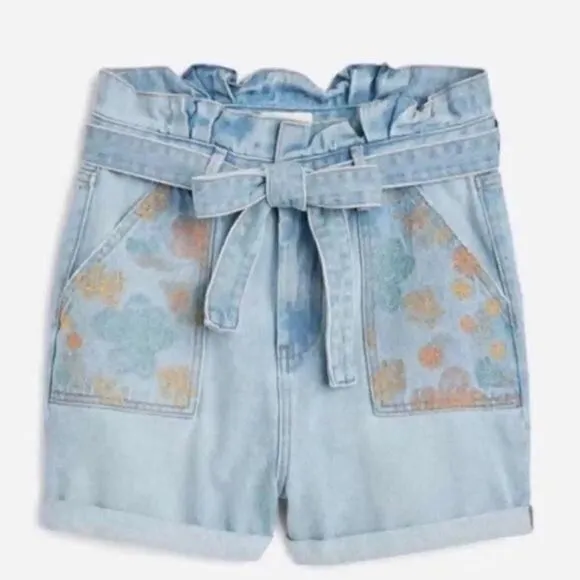 Driftwood Paperbag High Rise embroidered pocket tie waist jean shorts size 30