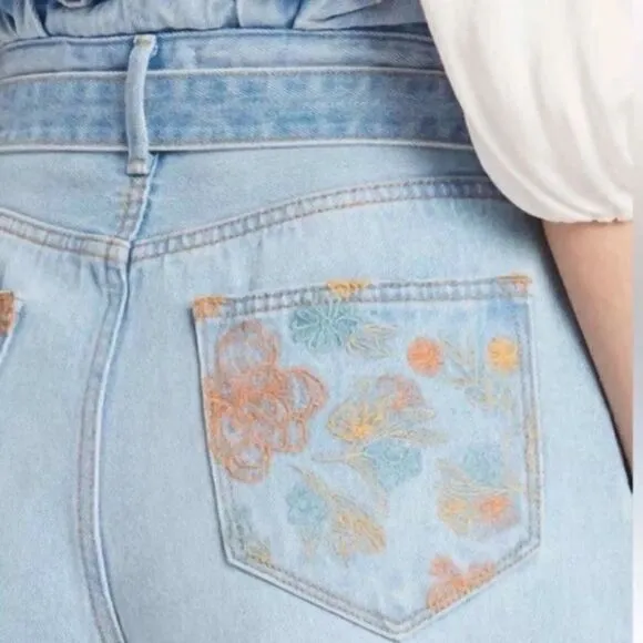 Driftwood Paperbag High Rise embroidered pocket tie waist jean shorts size 30