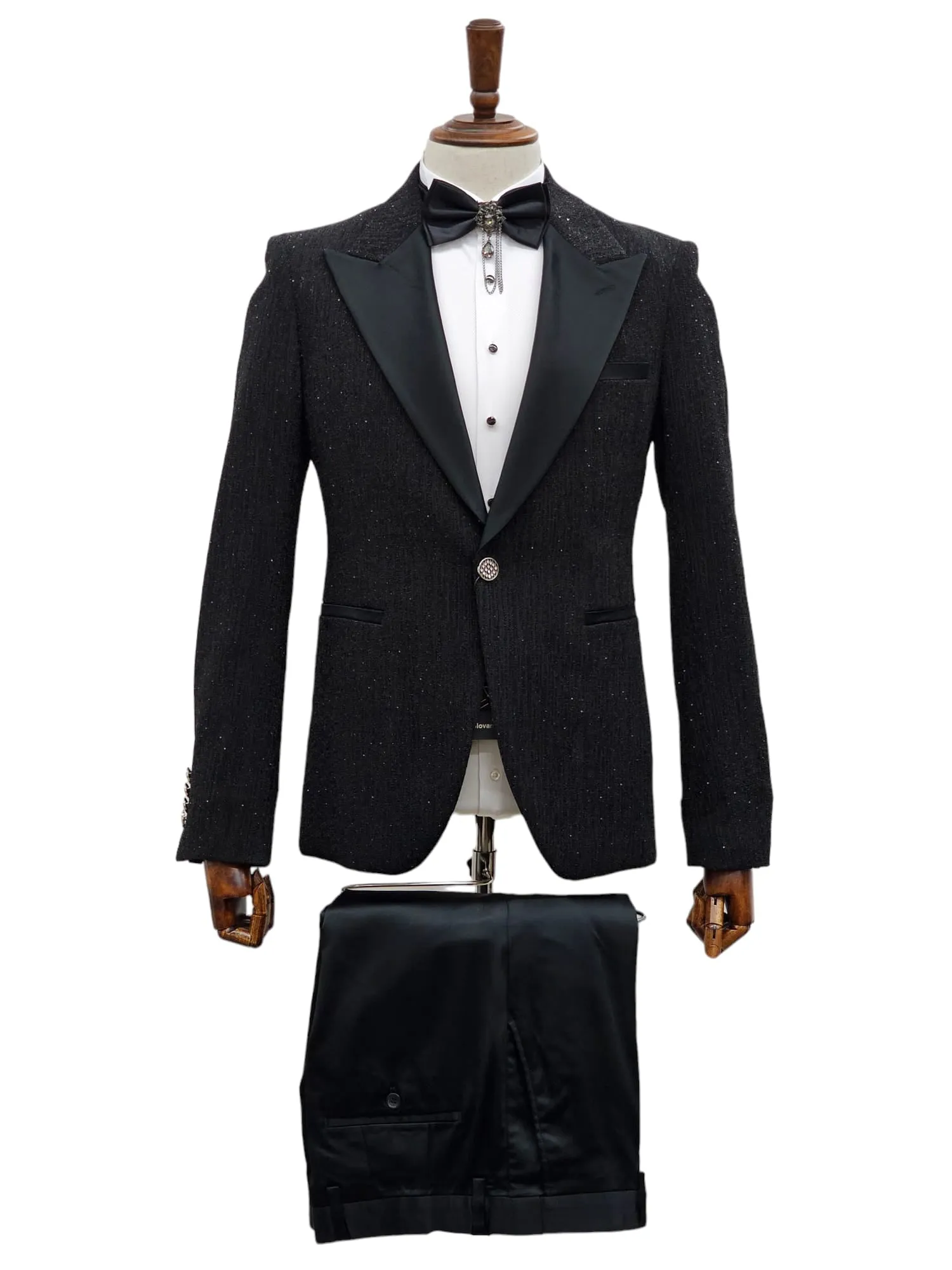 Effetti 1 Button Peak Lapel Glitter Tuxedo EF1PX-1592 BLACK