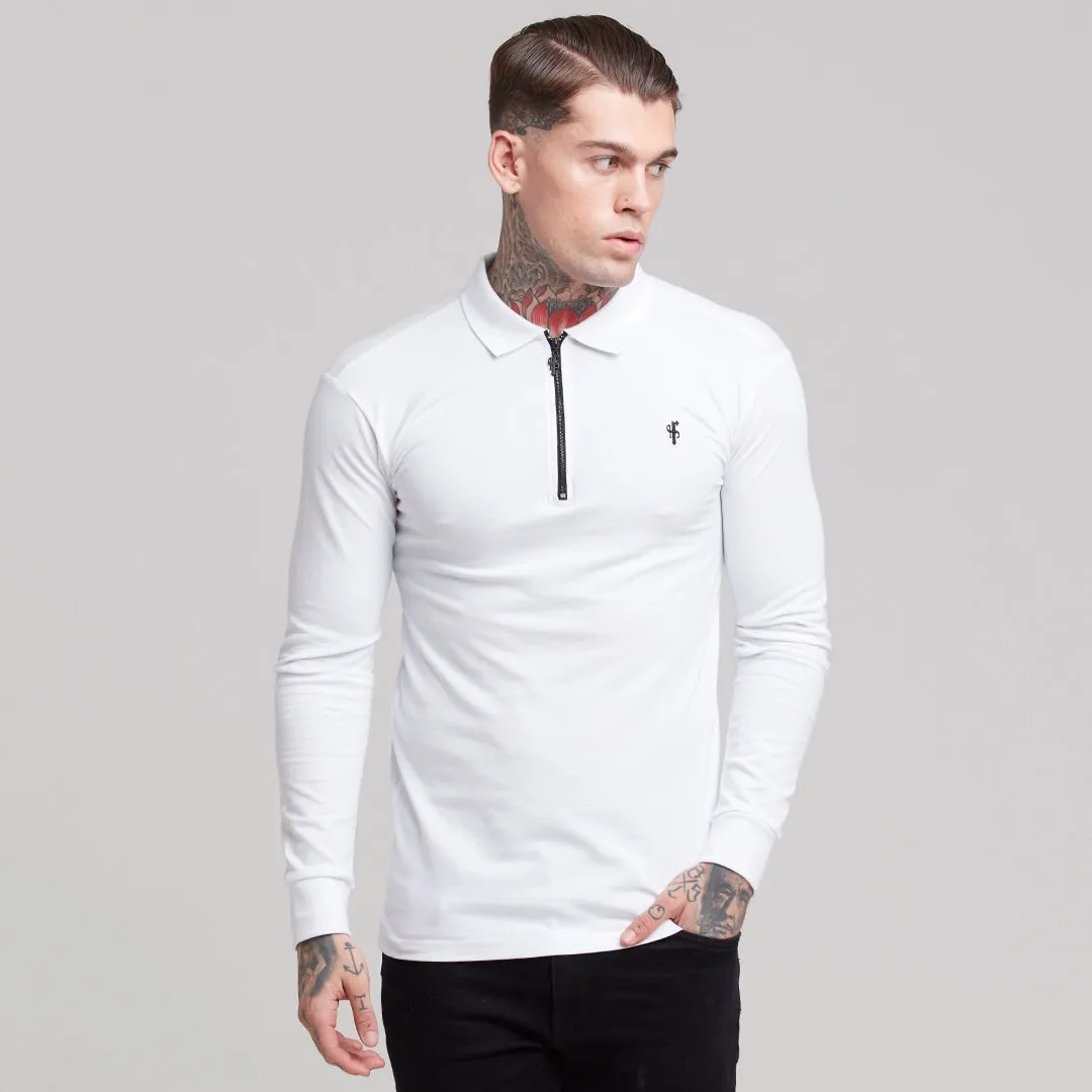 Father Sons Classic White Zipped Long Sleeve Polo Shirt - FSH300