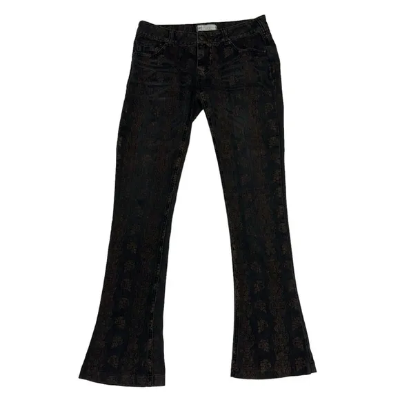 Free People Black Bronze Batik Flare Leg Boot Cut Denim Low Rise Jeans Boho 26