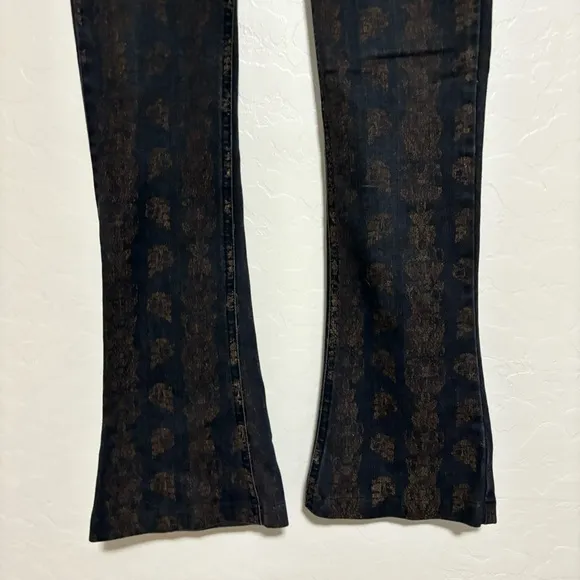 Free People Black Bronze Batik Flare Leg Boot Cut Denim Low Rise Jeans Boho 26