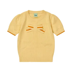 Girls Yellow Knitted Bow Cotton T-Shirt