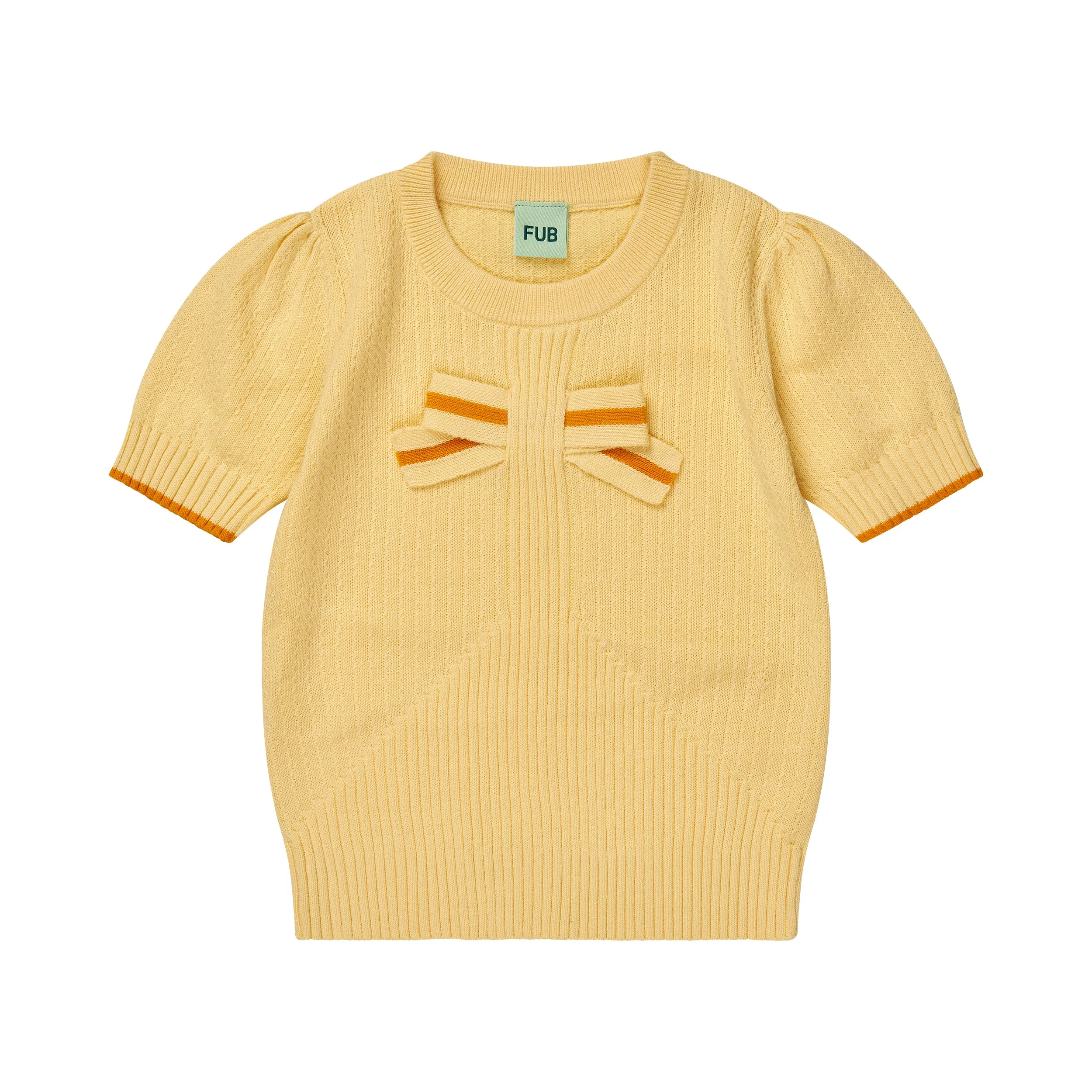 Girls Yellow Knitted Bow Cotton T-Shirt