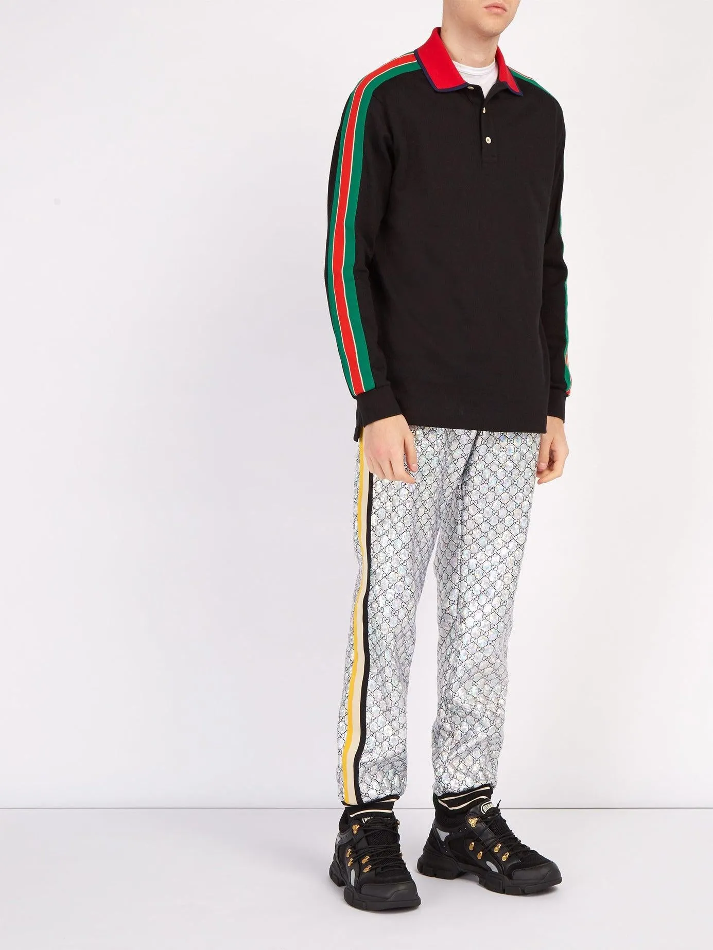 Gucci Web-stripe Detail Long Sleeve Polo in Black