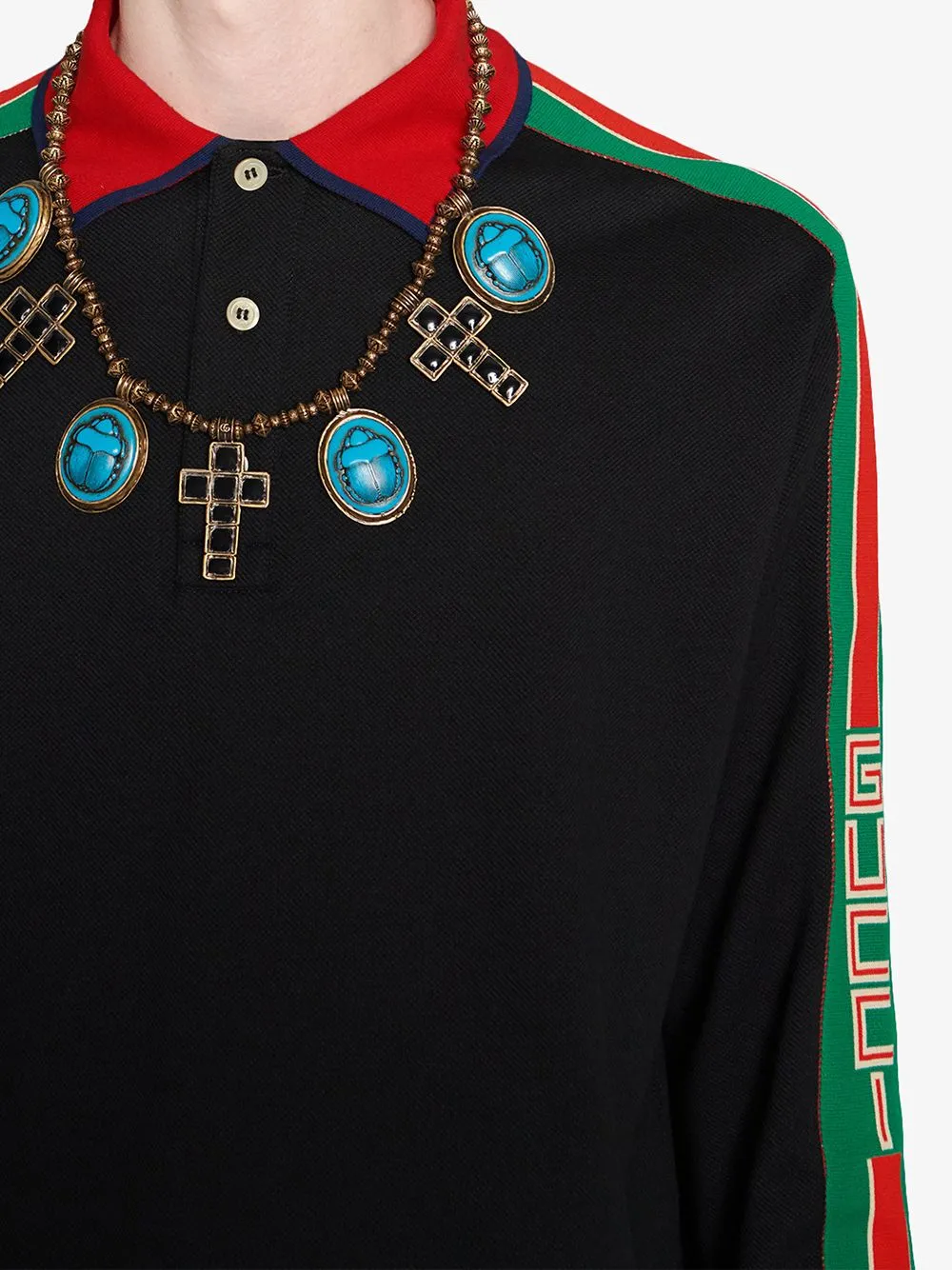 Gucci Web-stripe Detail Long Sleeve Polo in Black