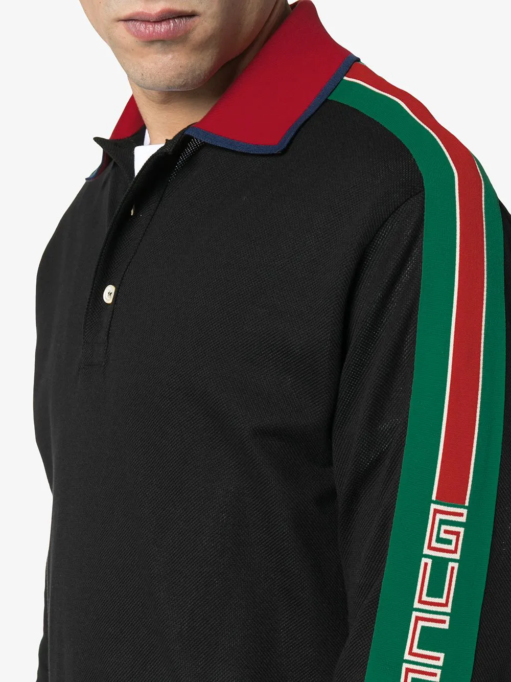 Gucci Web-stripe Detail Long Sleeve Polo in Black